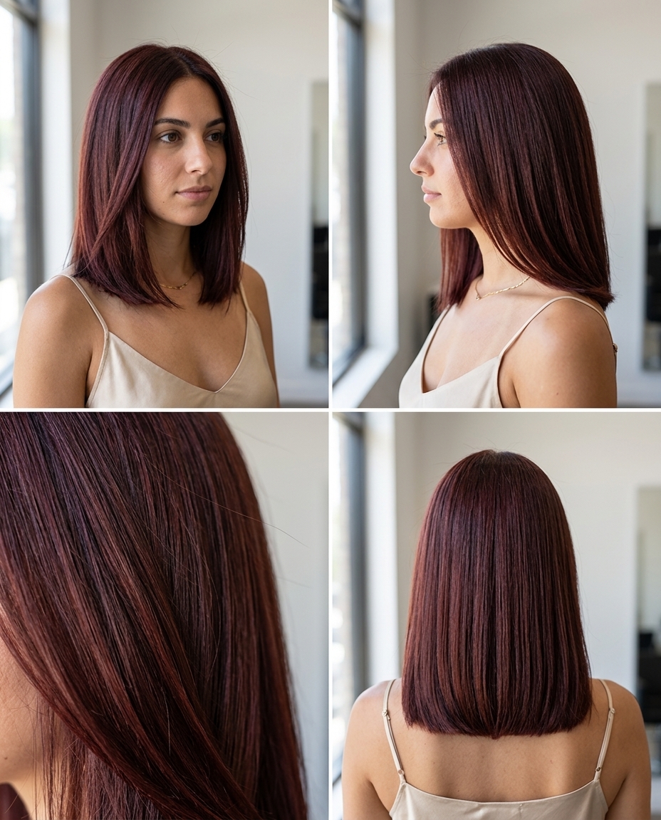 medium-long blunt cut with mahogany glaze, red-violet undertones, luxurious mood for summer