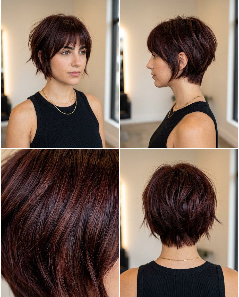 short choppy bixie haircut in mahogany with auburn lowlights and feathered fringe for playful look
