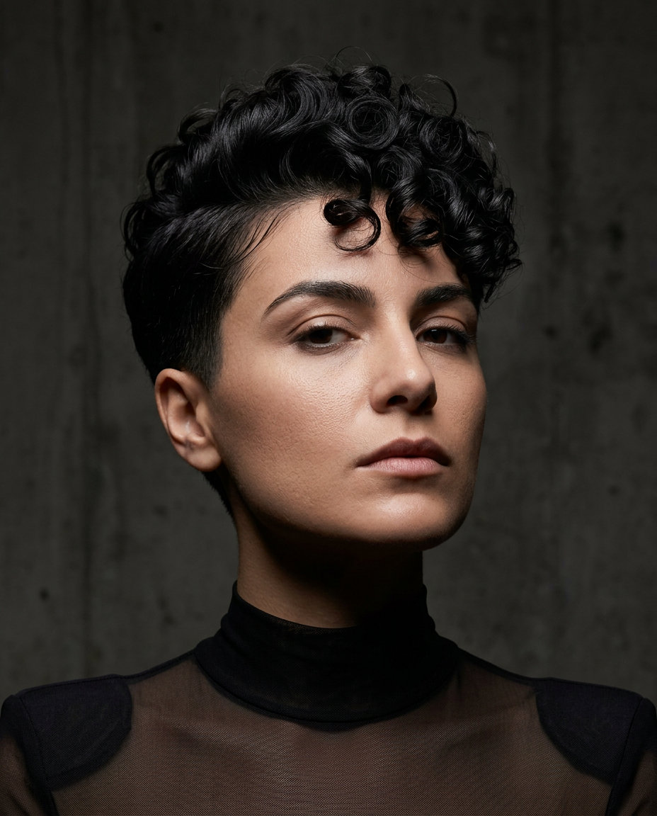 short curly crop in dark mahogany with tapered sides for artistic summer style