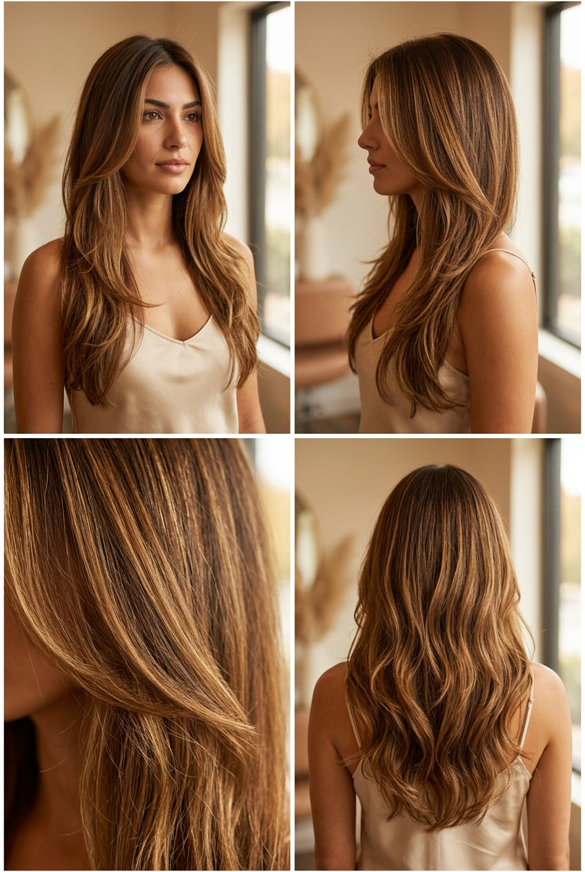 long maple syrup balayage with warm caramel and golden amber, seamless layers, no bangs — radiant