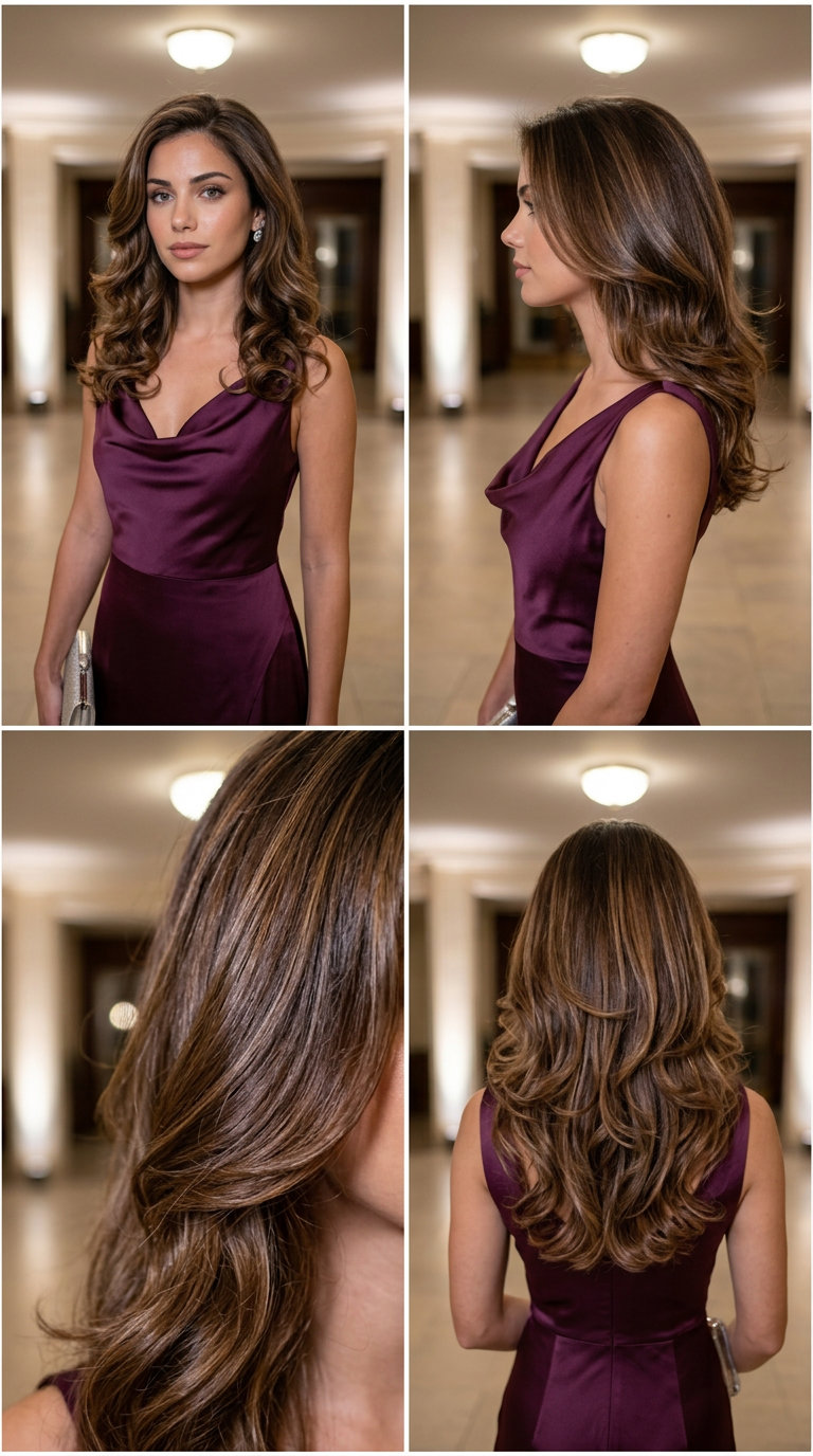 medium rich brown sculpted waves with caramel highlights and glossy finish for formal event