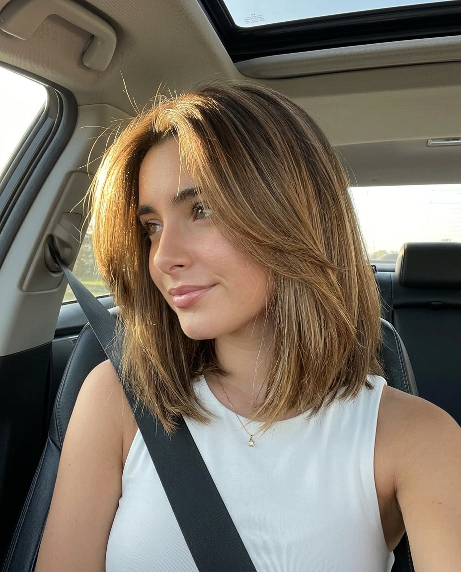 above-shoulder lob with toasted chestnut micro-lights, face-framing layers, diffused ends — soft effortless