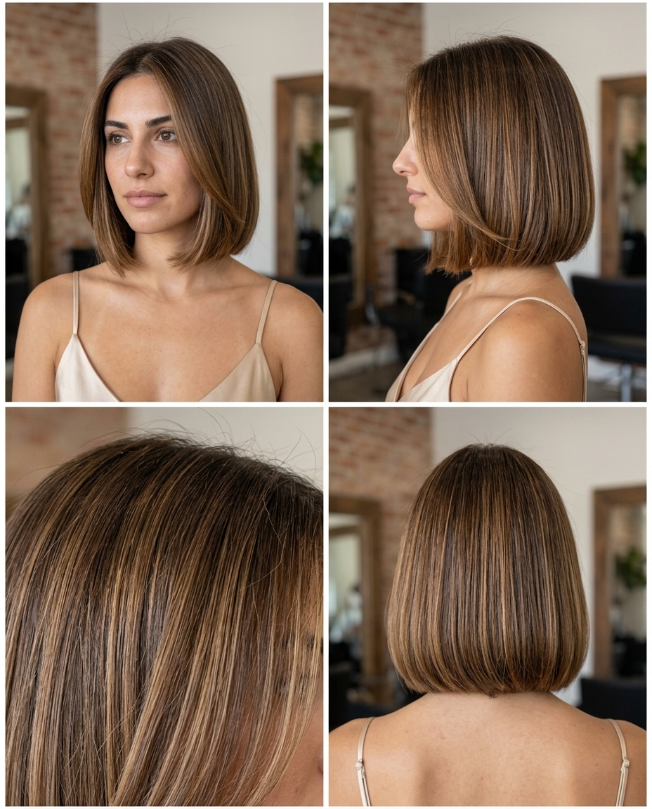 chin-length blunt bob with honey glaze and caramel balayage, invisible layers, no bangs — romantic chic