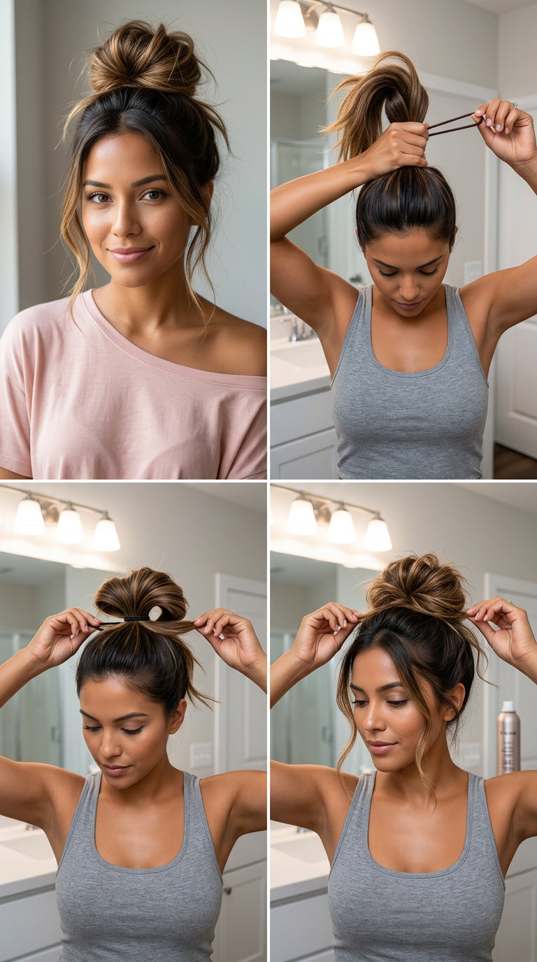 Effortless Messy Top Knot: Summer Hairstyle 2026 medium messy top knot with medium brunette, sun-kissed ends, loose texture — edgy summer look