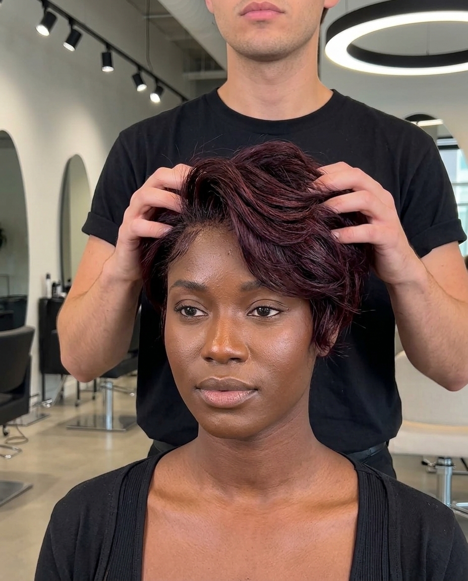 short wavy haircut with undercut in midnight cherry with violet-red reflects for summer