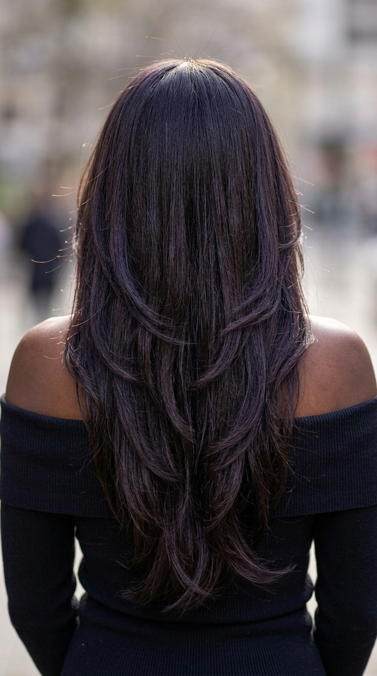long flowy butterfly haircut in deep midnight espresso with cool violet undertones, V-shape layers, no fringe — bold date night