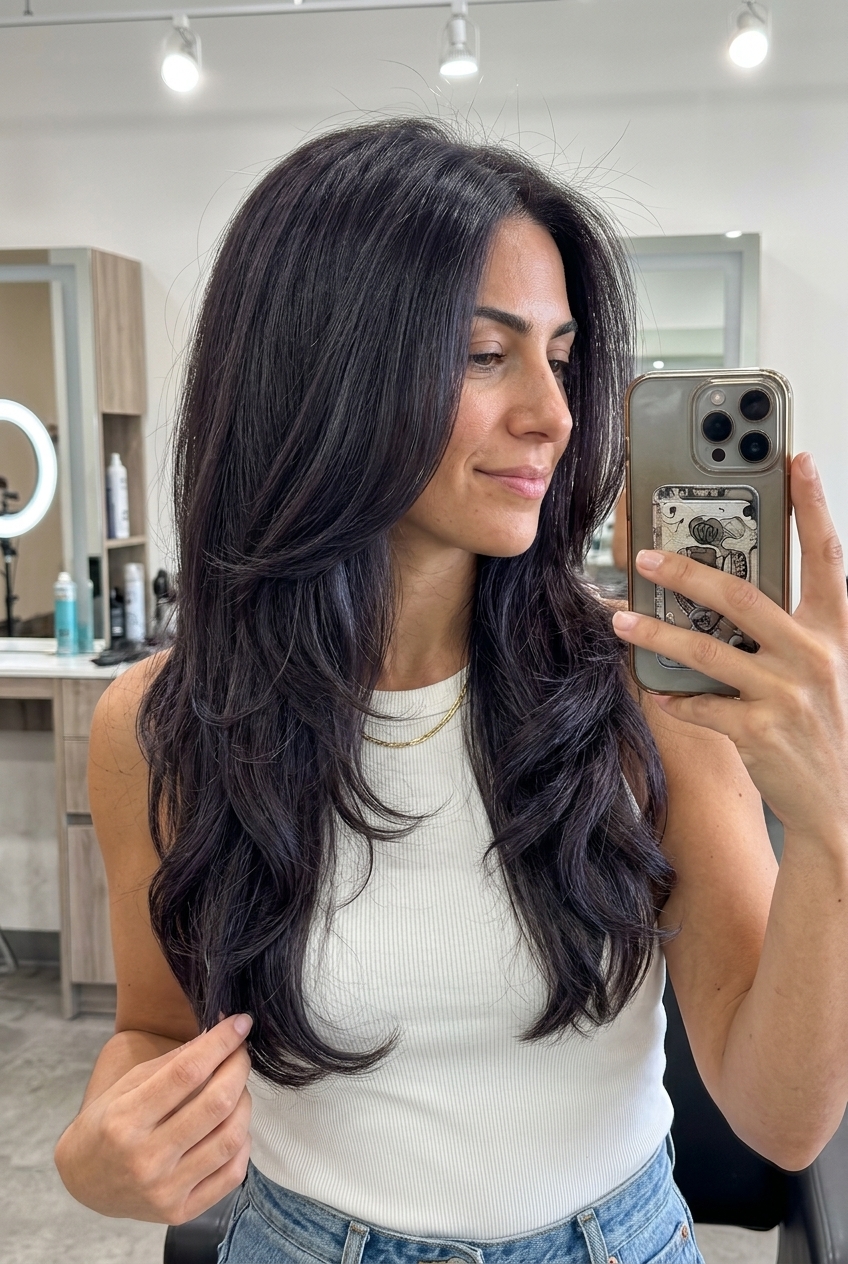 Midnight Espresso Glam Waves 2026 long cascading haircut in midnight espresso with blue-violet undertones and soft face-framing layers for glamour