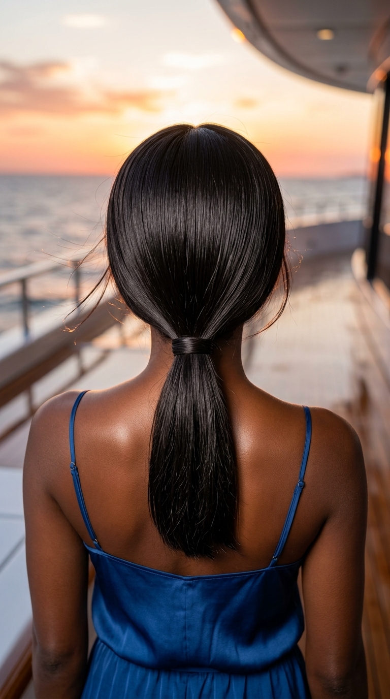 long midnight espresso sleek hair with middle part and high gloss finish for professional events