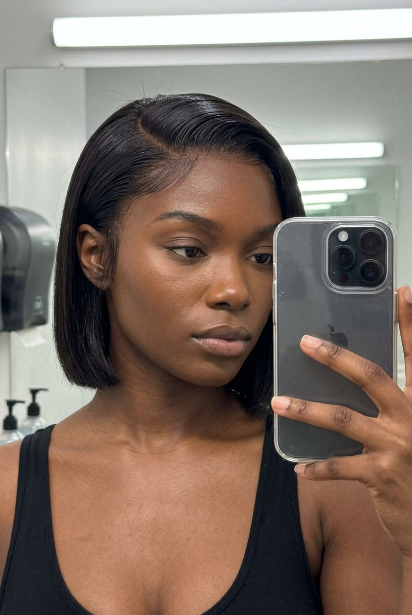short blunt haircut midnight espresso with cool dark brown, razor-sharp perimeter, no fringe — sophisticated evening event