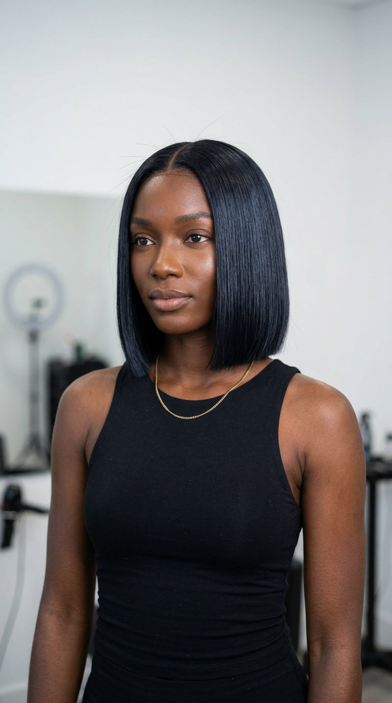 short glass bob haircut in midnight espresso, blunt cut and center part — sleek modern professional