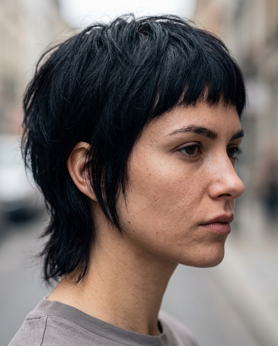 short pixie shag haircut in midnight espresso with micro-fringe, heavily textured, choppy layers — rebellious edgy look