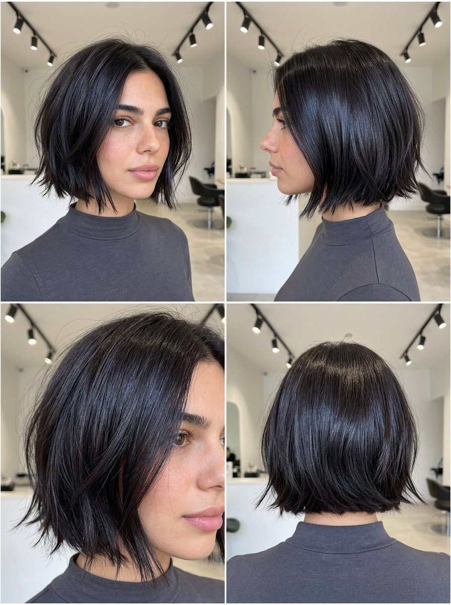 short razor cut haircut midnight espresso with cool reflects, piecey ends, deep side part — edgy date night style