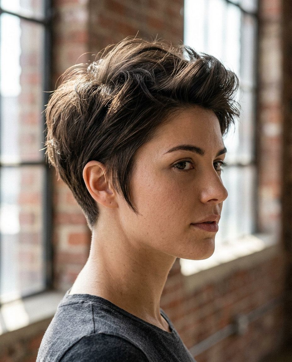 chin-length midnight violet bixie haircut with undercut and choppy texture for festivals