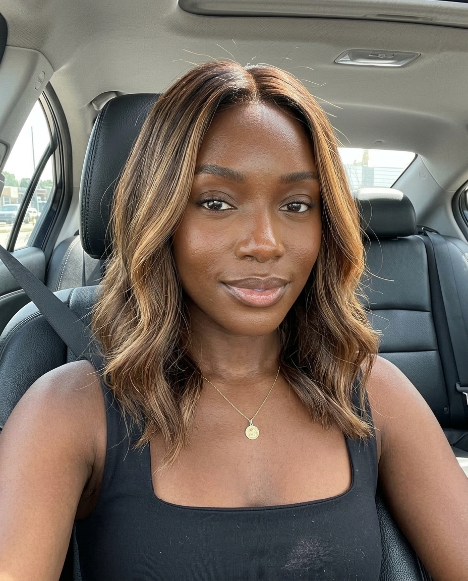 long mocha to caramel color melt with deep mocha to warm caramel, foilyage/color melt, no fringe — sophisticated daily wear