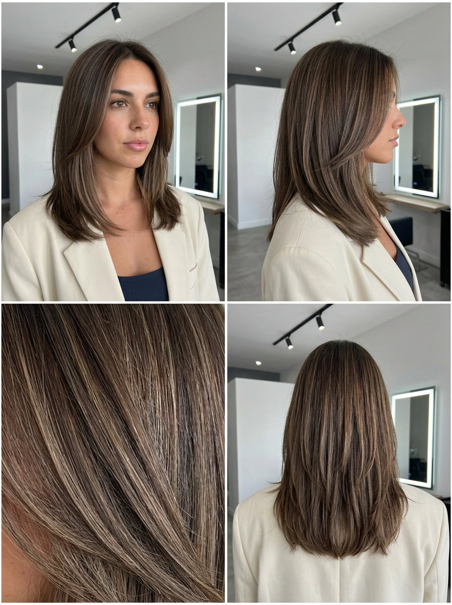 long cool mocha air touch balayage with espresso lowlights, subtle blend — sophisticated everyday professional