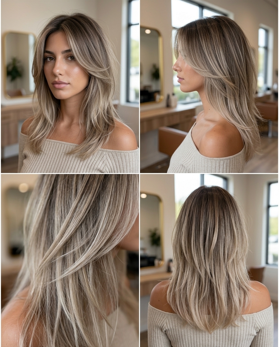 long mushroom blonde ombre with ash brown root, pale beige ends, edgy mood