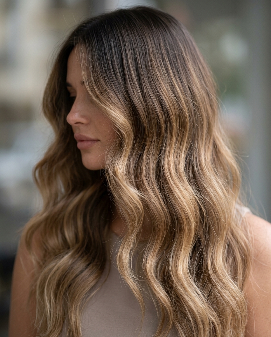 long butterfly haircut in mushroom bronde to buttercream blonde ombré with face-framing layers for wedding guest