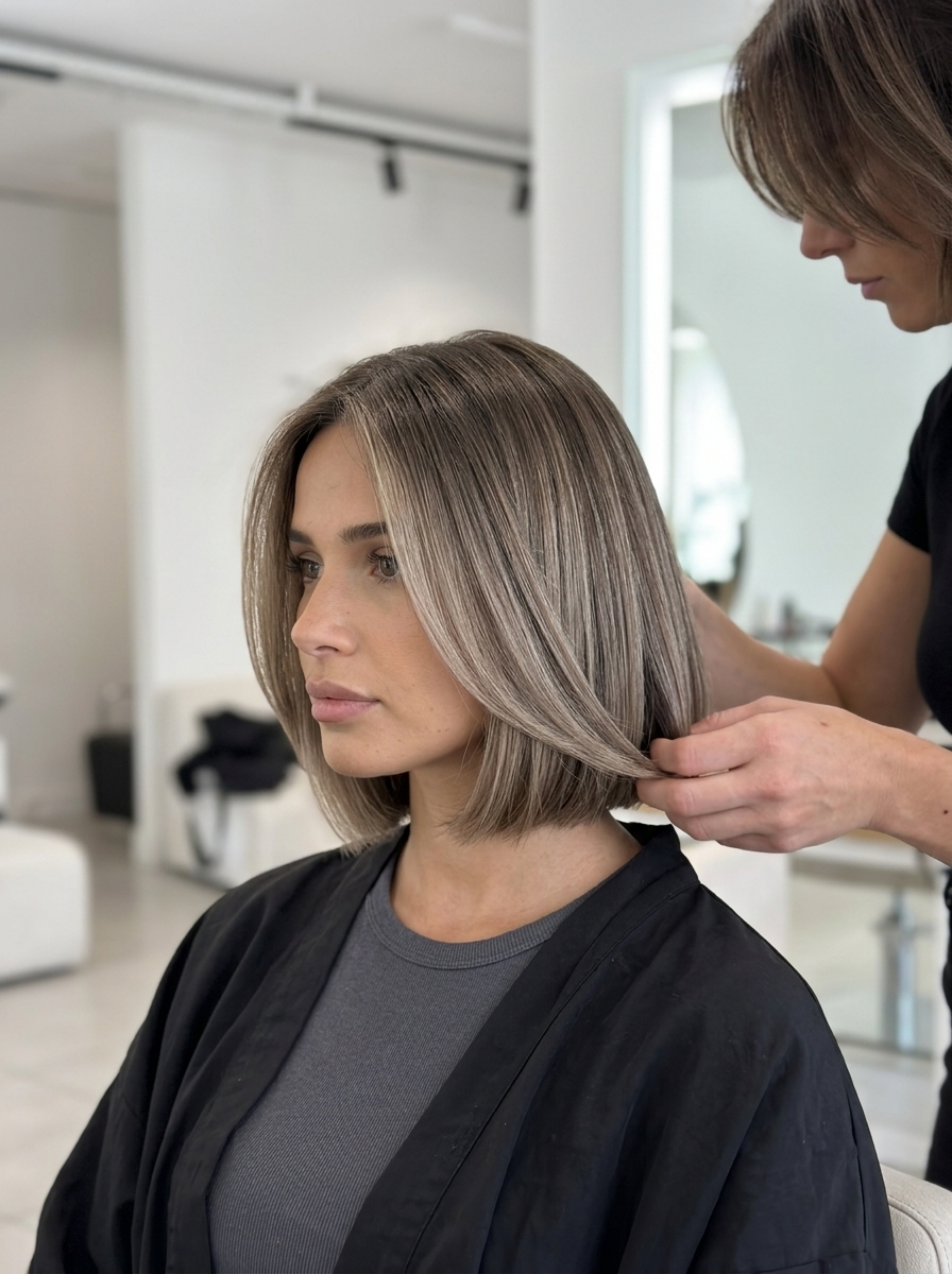 chin-length mushroom bronde balayage bob with ash brown and beige tones and blunt ends for chic style