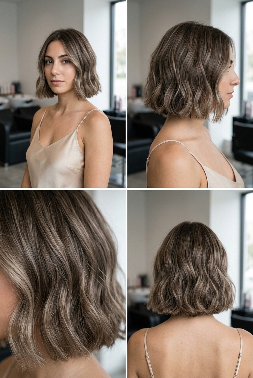 chin-length wavy bob haircut in mushroom bronde with ash brown base, cool beige babylights, no fringe — effortless