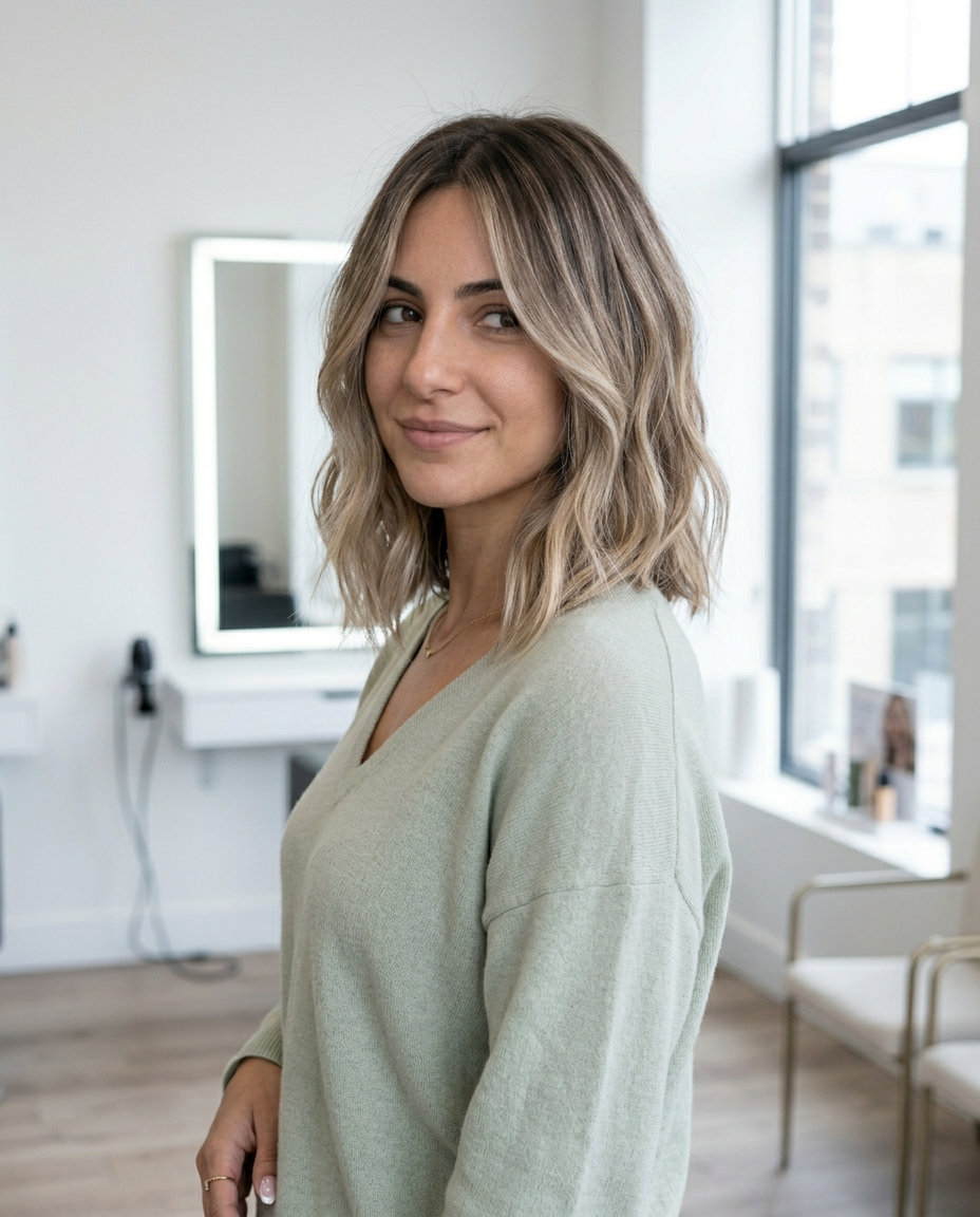 collarbone-length mushroom bronde lob with internal layers and face-framing pieces for summer