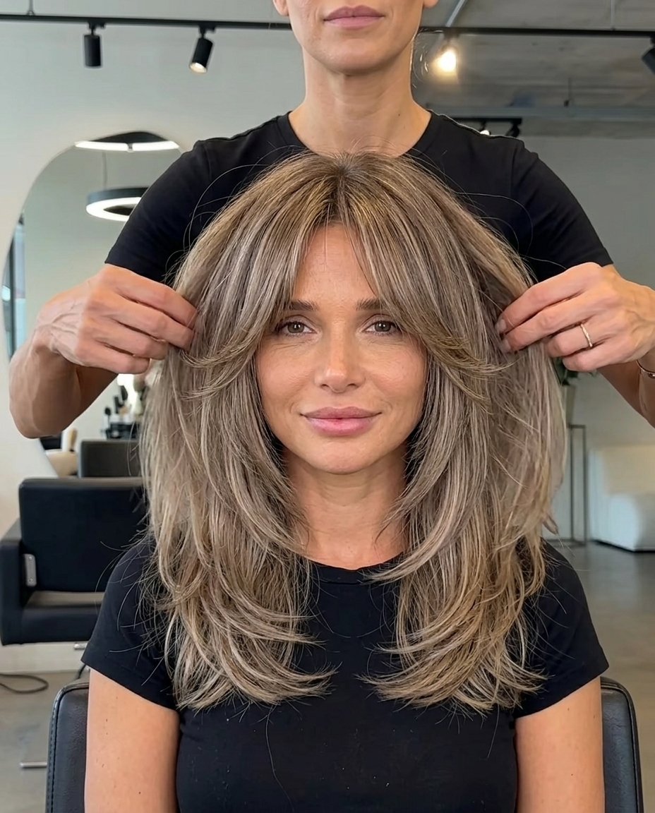Mushroom Bronde Shag: Modern Retro Style collarbone-length shag haircut in mushroom bronde with ash blonde highlights and wispy fringe