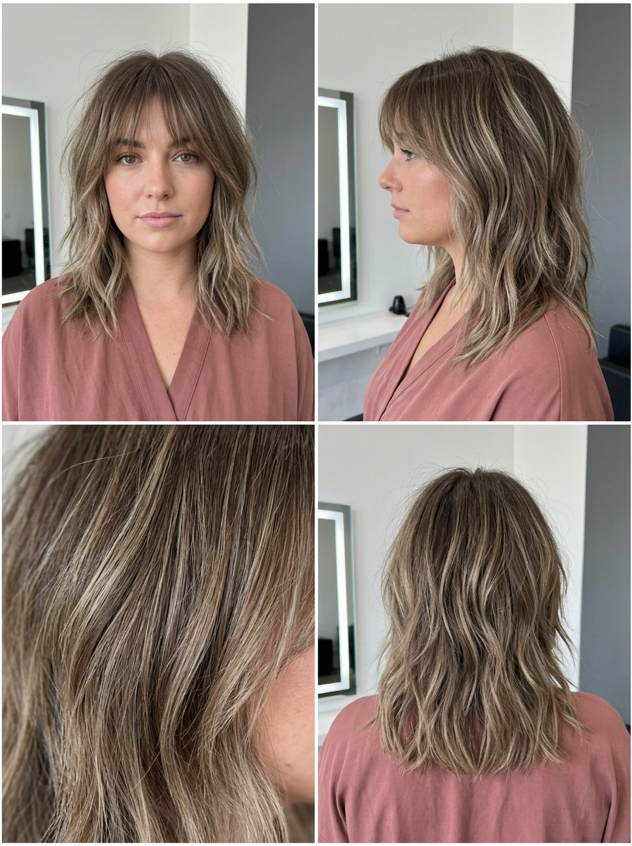 collarbone-length mushroom bronde balayage shag with ash brown and blonde tones and wispy bangs for edgy look