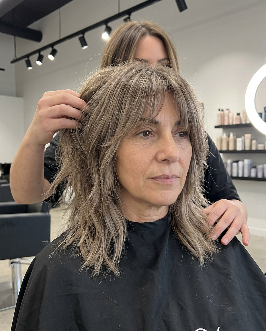 collarbone-length shag haircut in natural mushroom bronde with beige babylights, wispy curtain bangs — playful and effortless