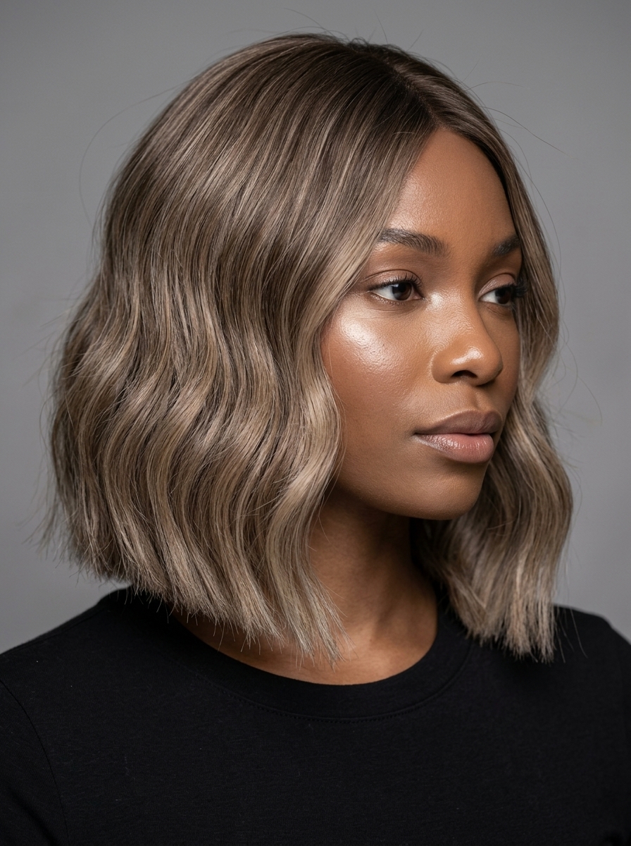 collarbone-length wavy bob haircut in mushroom bronde with ash undertones, blunt perimeter, no fringe — sophisticated