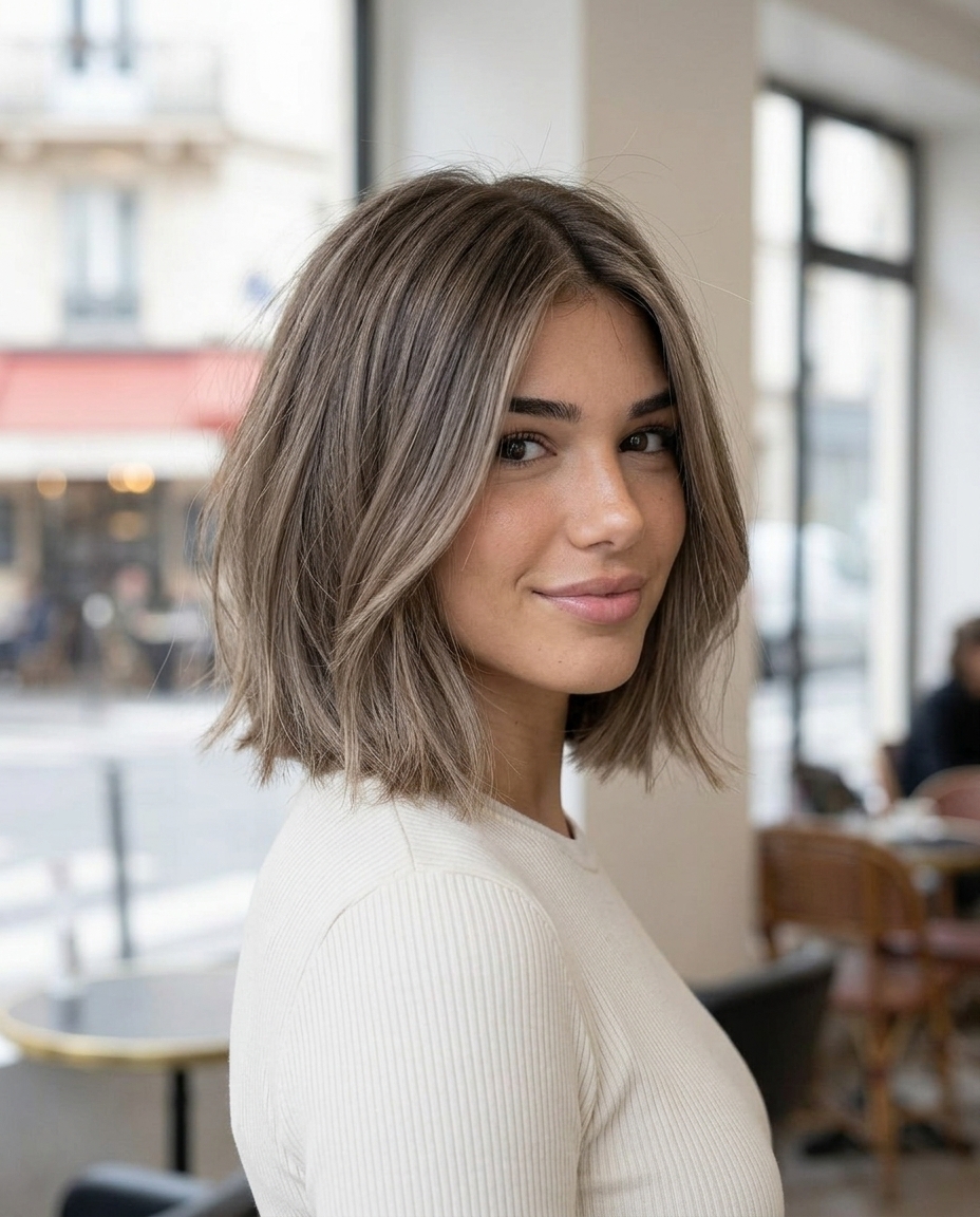 lip-length textured bob haircut with mushroom bronde, cool ash brown, muted blonde tones — minimalist chic look