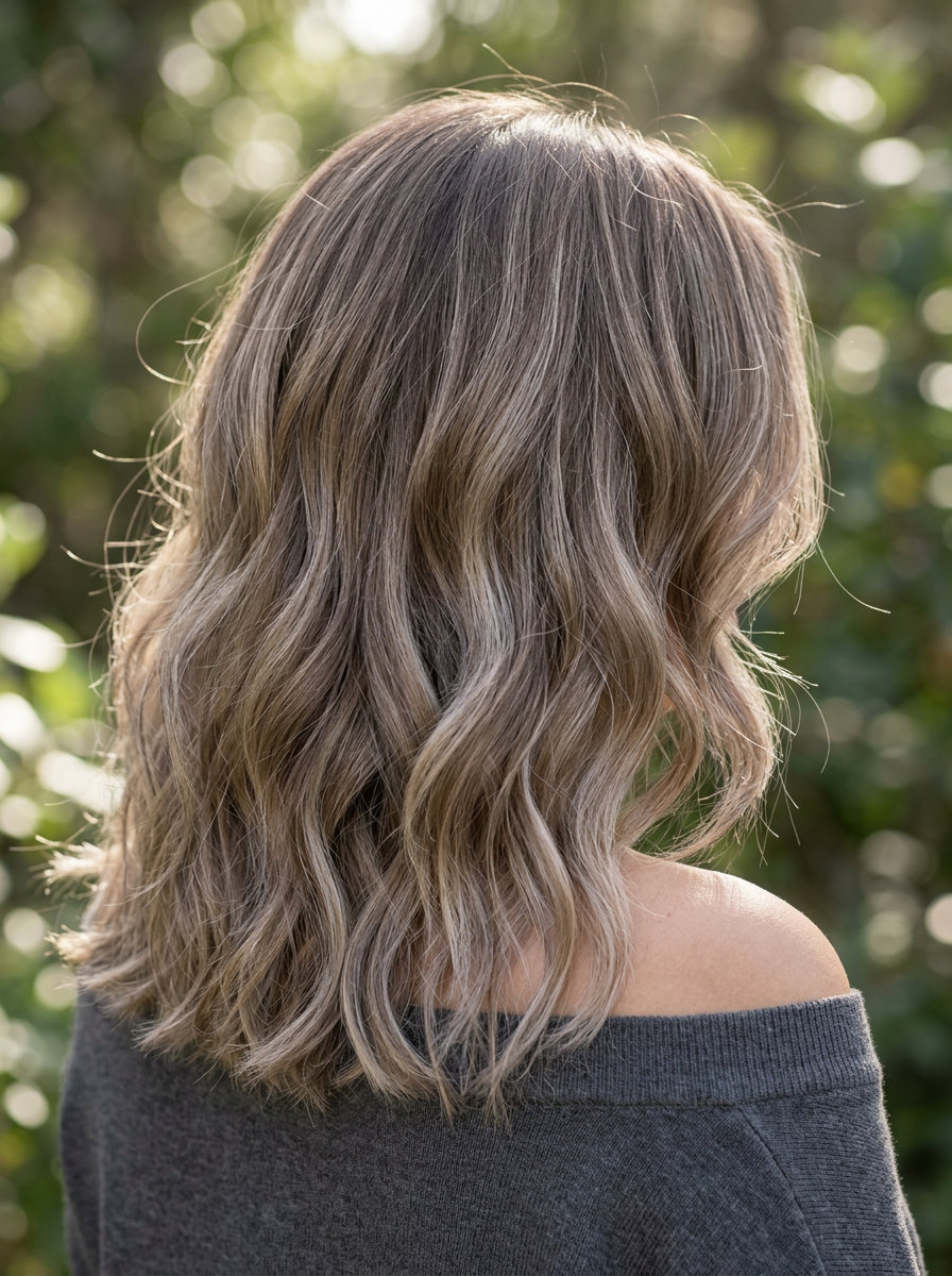 long bronde hair color with cool taupe and ash blonde balayage for office wear