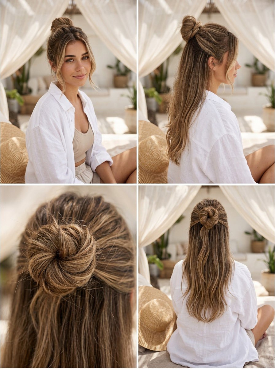 Sun-Kissed Top Knot 2026 long layered haircut with mushroom bronde, beige highlights, top knot swirl for beach