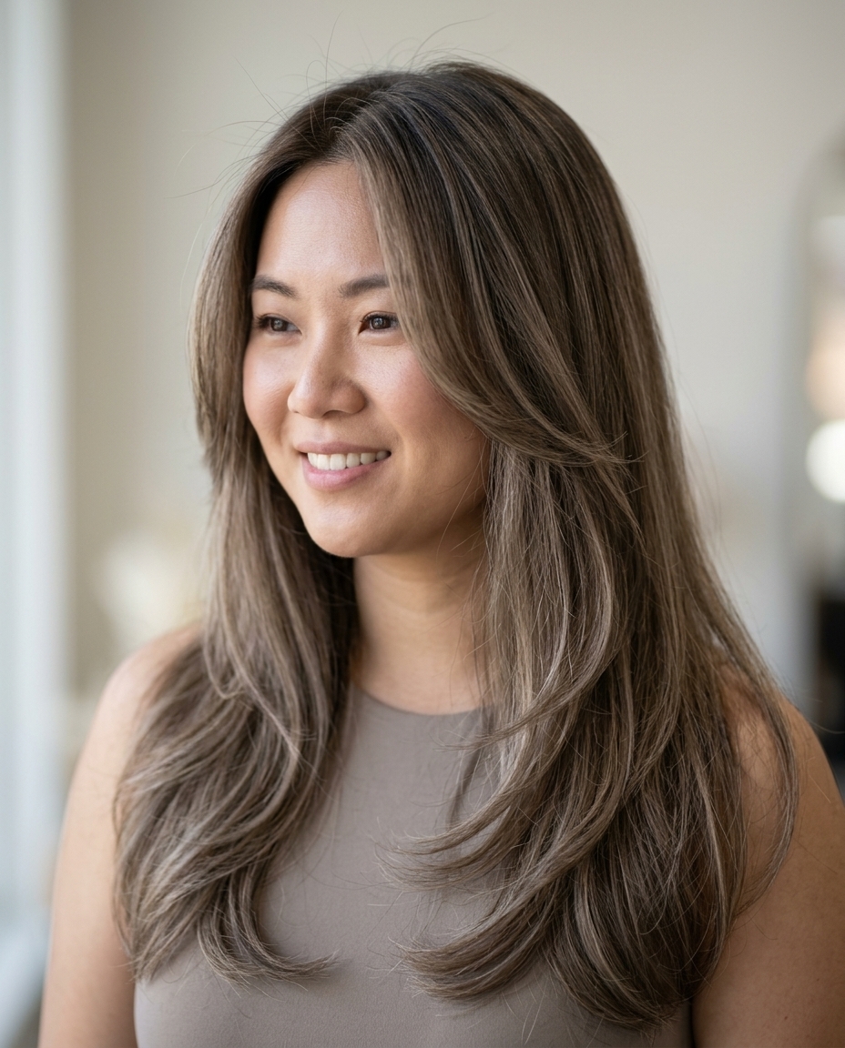 long layered mushroom bronde balayage with ash brown and beige tones and U-shaped perimeter for sophisticated style