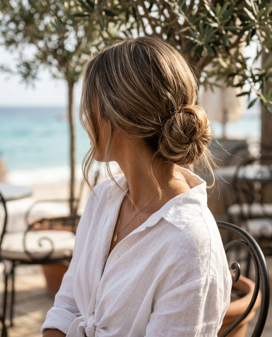 French Girl Tousled Low Bun 2026 long mushroom bronde tousled low bun with effortless texture for summer 2026