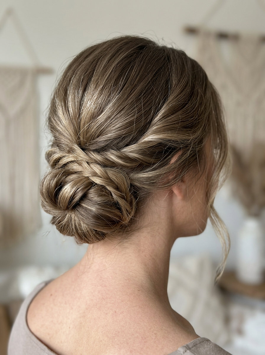 Bohemian Twist & Tuck Bun 2026 long mushroom bronde twist bun with piecey ends, twisted sections technique for summer 2026