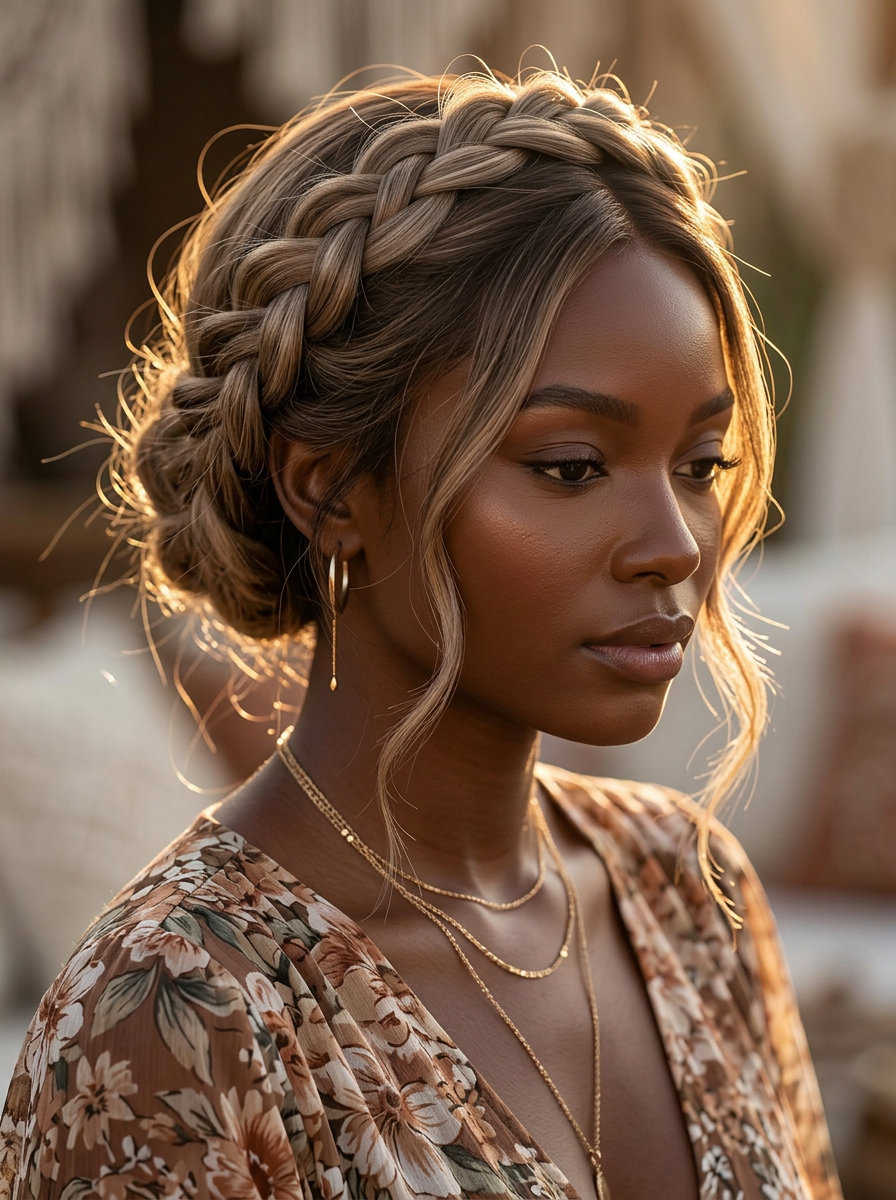 Boho Braided Halo Updos: Mushroom Bronde Style long mushroom bronde hair in romantic boho braided halo updos with face-framing tendrils