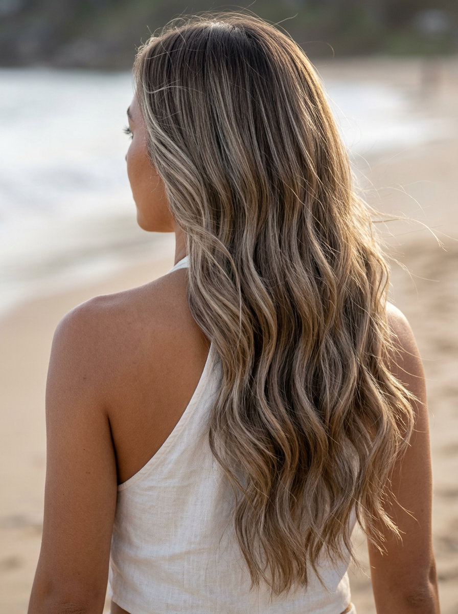 long wavy haircut with mushroom bronde color, ghost layers and blunt ends for beach vacation