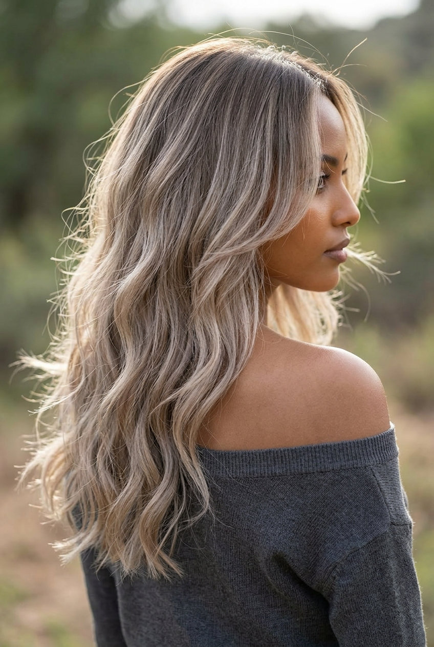 long wavy haircut with mushroom bronde color, wispy layers and textured ends for weekend