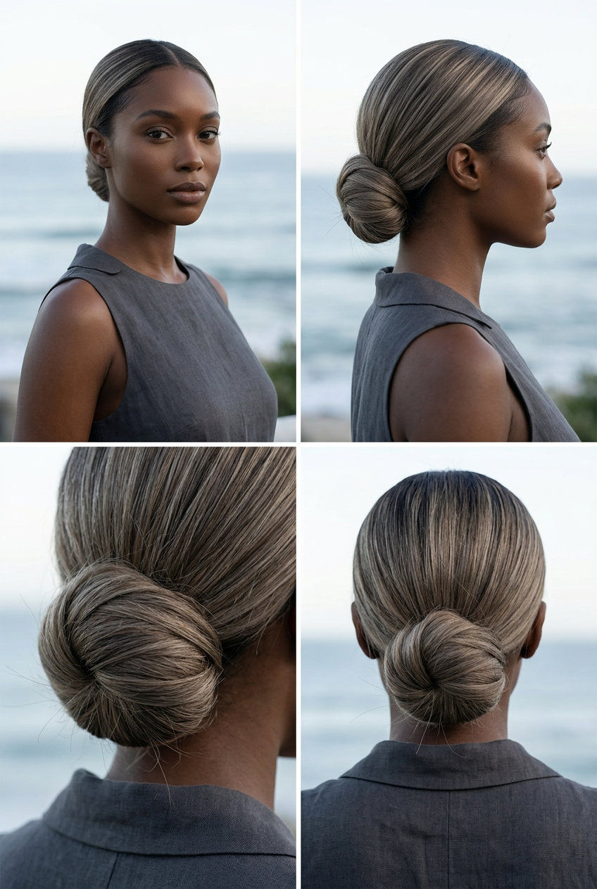 Minimalist Beach Knot 2026 medium blunt cut with mushroom bronde, ash undertones, minimalist low knot for beach