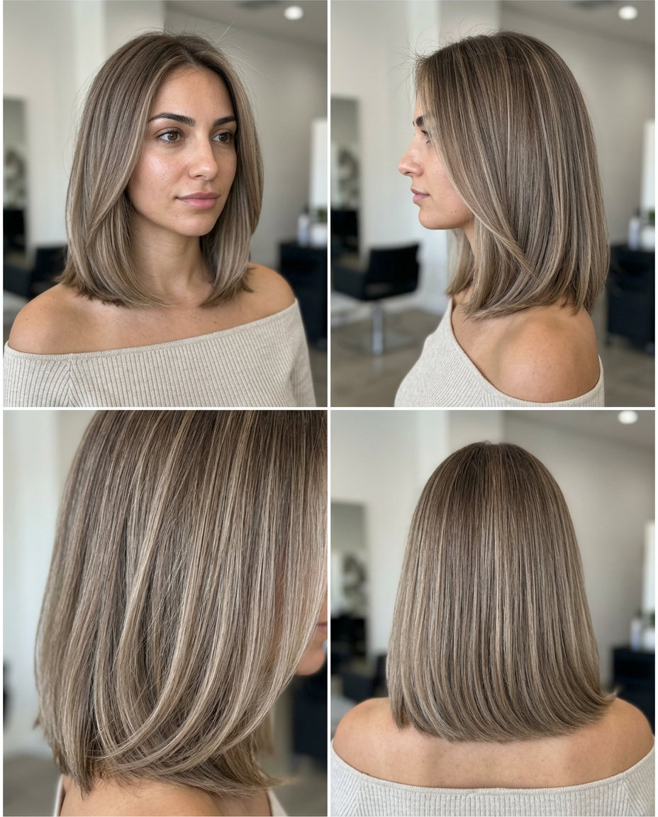 medium blunt haircut with mushroom bronde, point-cut ends for sleekness — professional elegant