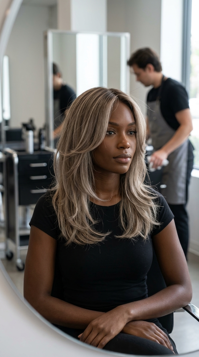 medium-length flowy butterfly haircut with mushroom bronde, ash babylights, and cheekbone face-framing for minimalism