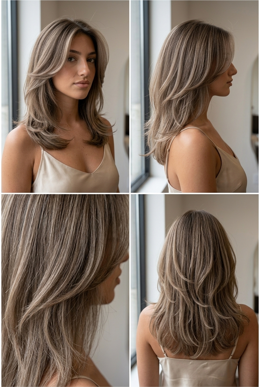 medium-length flowy butterfly haircut with mushroom bronde, ashy lowlights, and soft face-framing for sophistication