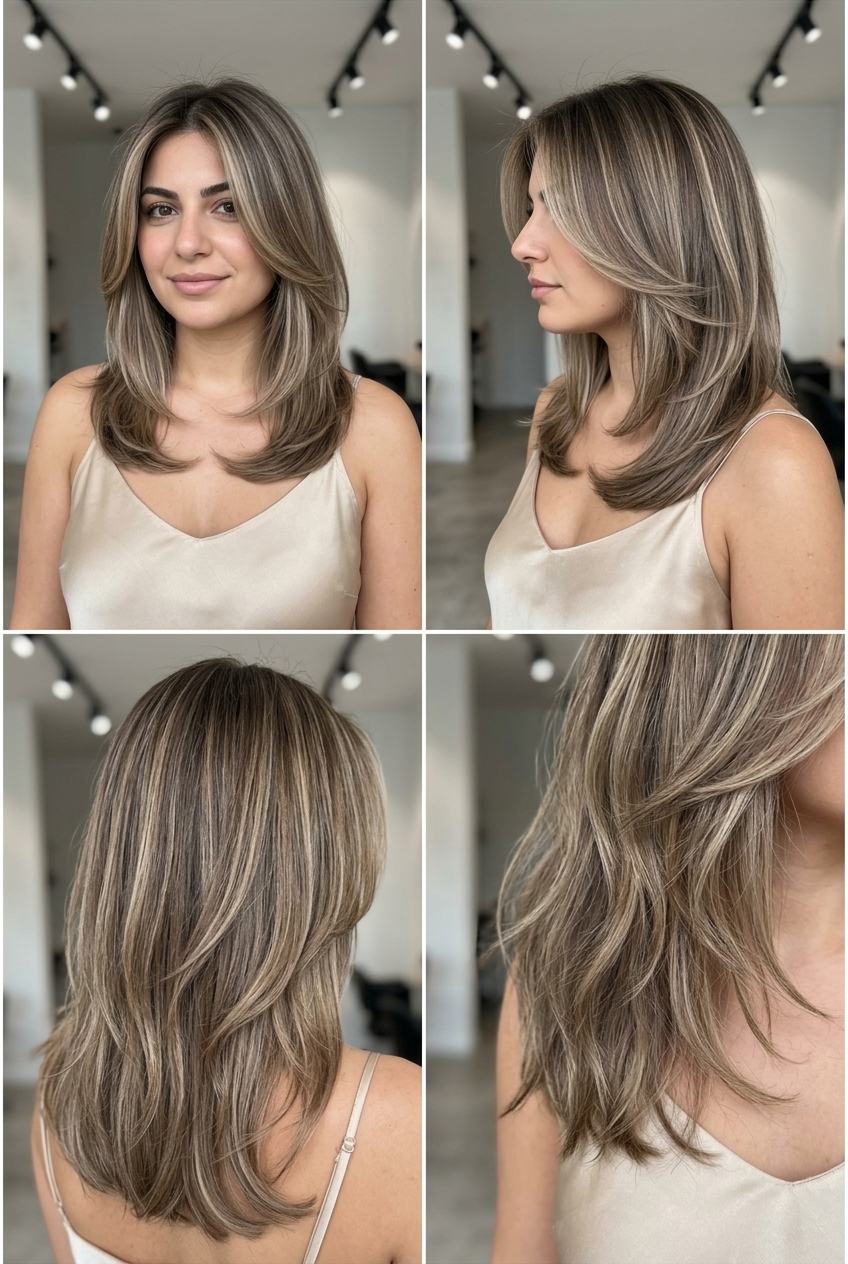 medium curve haircut in mushroom bronde with beige blonde highlights, ash brown roots for daily wear