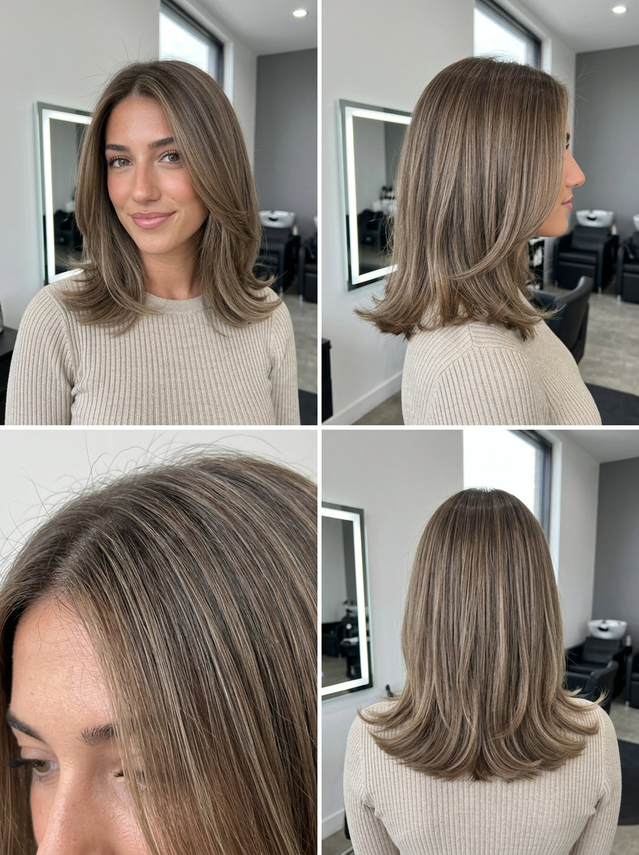 medium flicked haircut with mushroom bronde & beige highlights, minimal blended layers, soft curtain bang — playful retro
