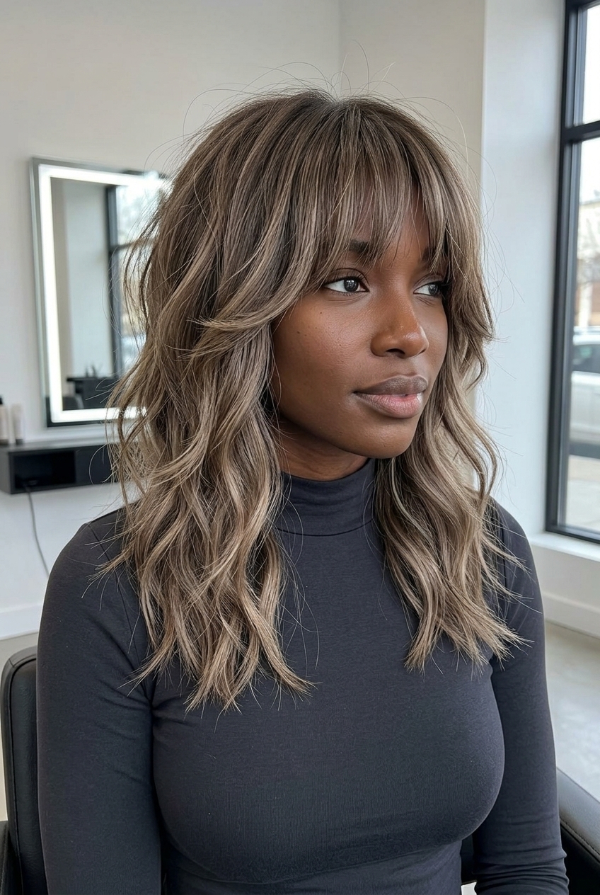 medium wavy shag haircut in mushroom bronde with ash-beige highlights and textured fringe for summer
