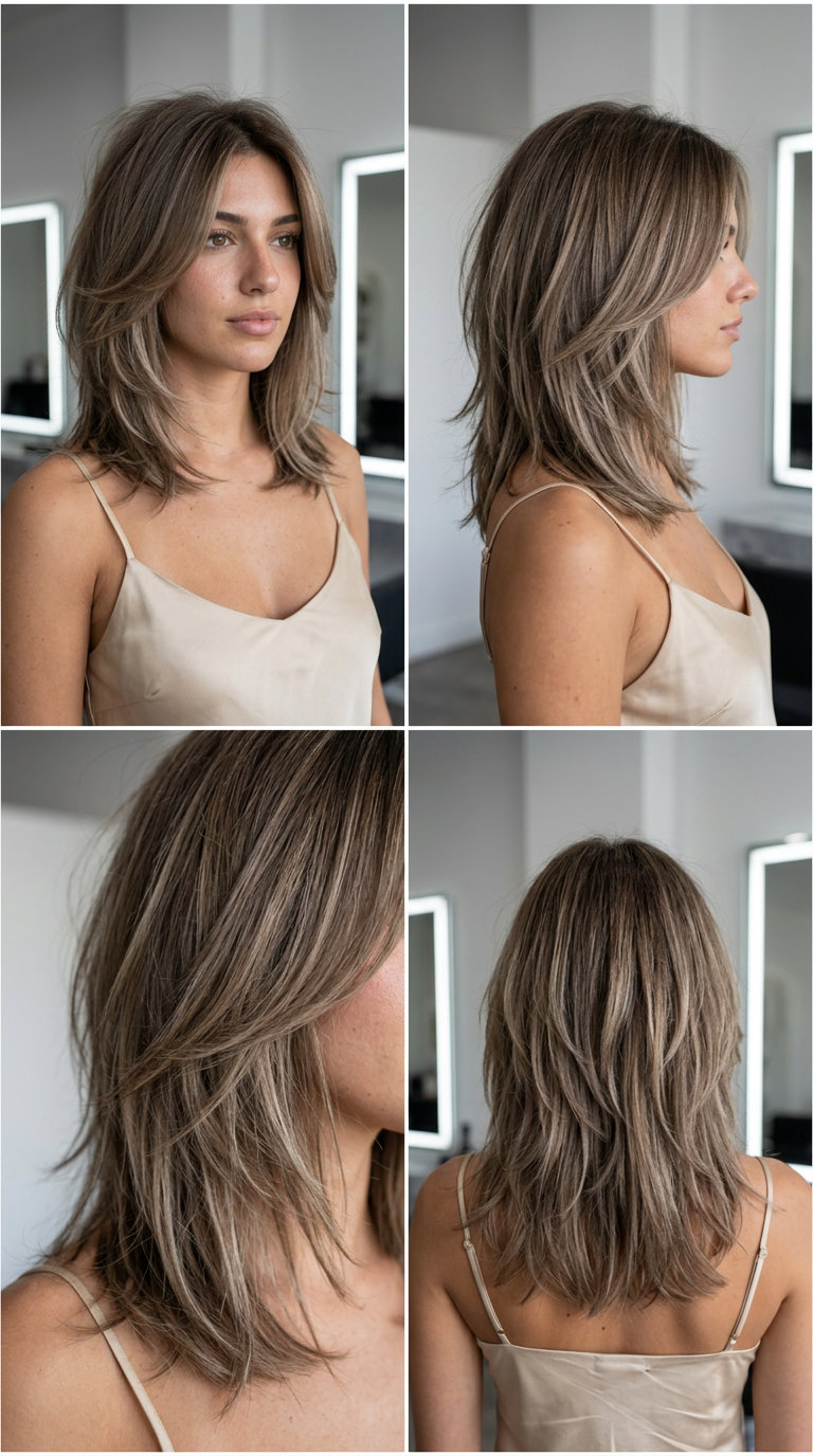 medium shag mushroom bronde hair with ash babylights and face-framing layers for summer