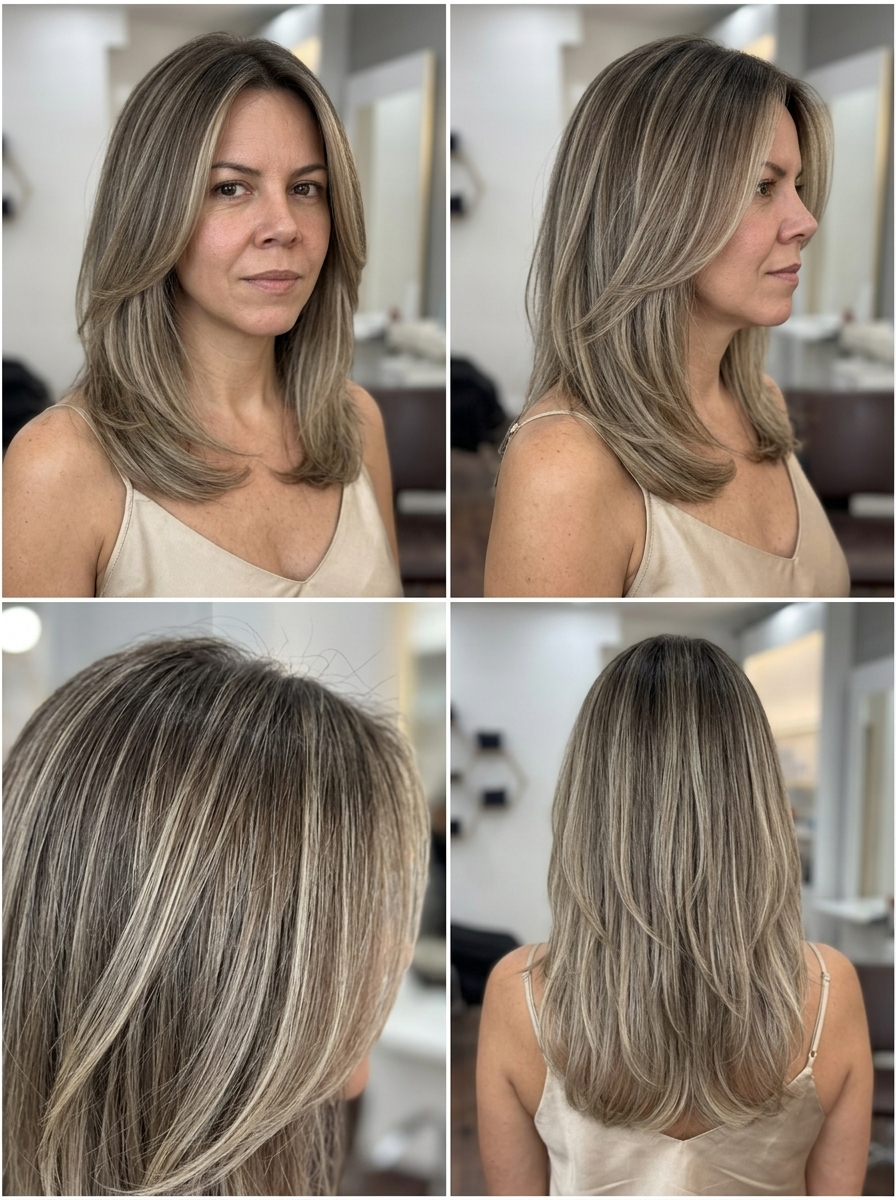 mid-length layered haircut in neutral mushroom bronde with ash brown root smudge for elegant professional wear