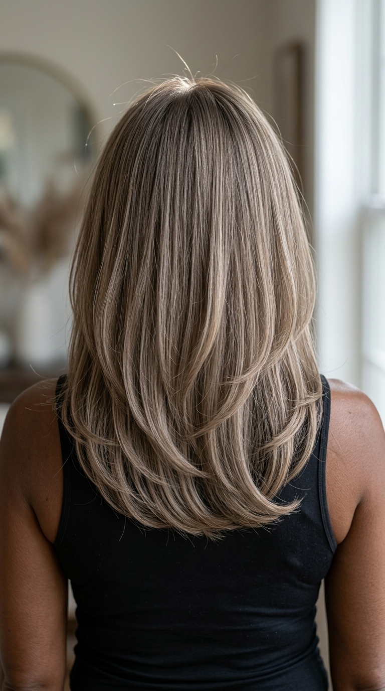 mid-length soft curve haircut in mushroom bronde with ash root smudge and face-framing layers for sophisticated daily wear