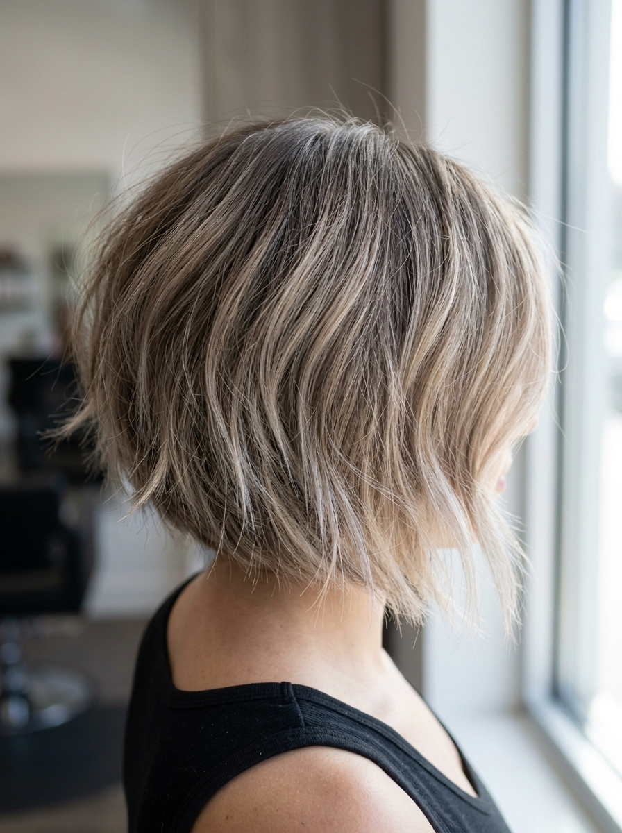 short razor bob haircut in mushroom bronde balayage with beige highlights, diffused ends, face-framing — natural lived-in look