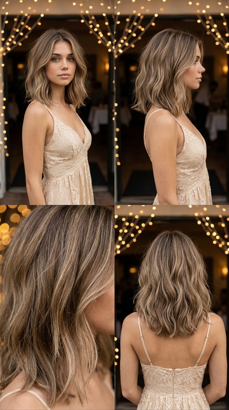 short mushroom bronde bob with undone waves and no fringe for summer wedding guest 2026