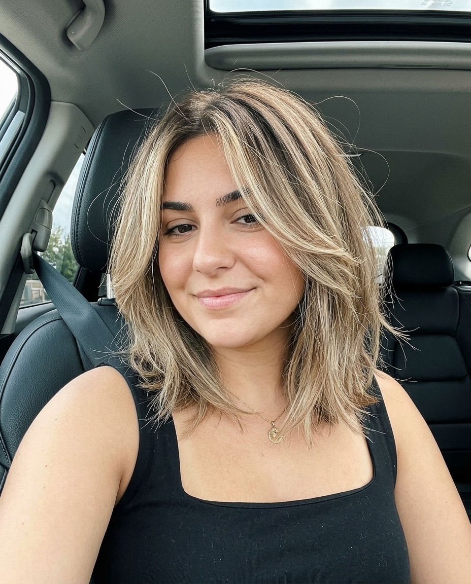 shoulder-length lob haircut in mushroom bronde with beige babylights, soft root smudge for casual brunch